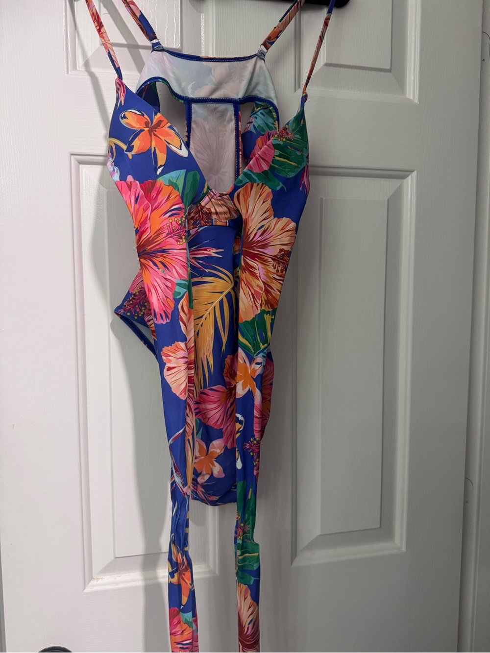 SHEIN Blue One-Piece Swimsuit with Pink Orange Floral Print